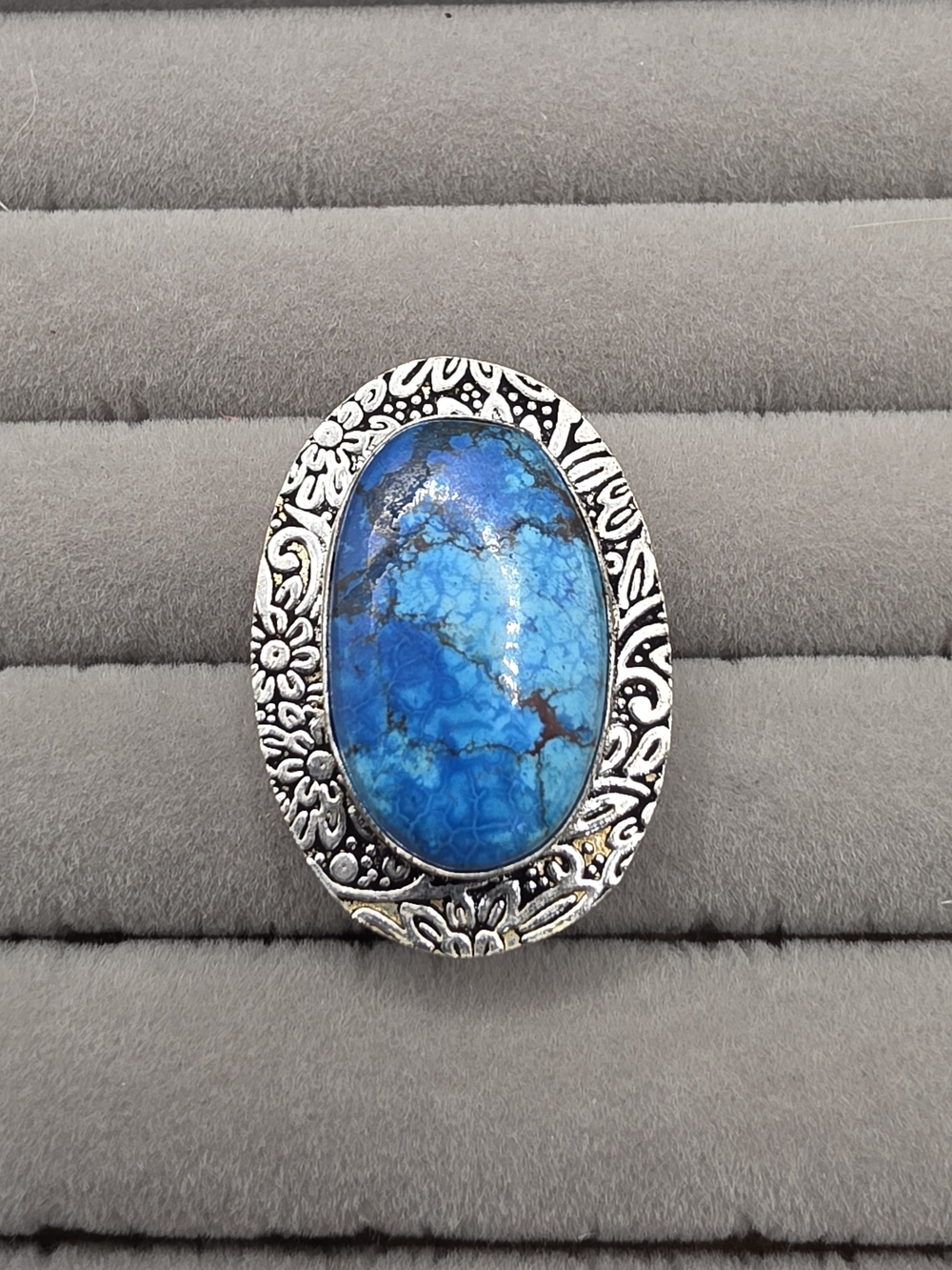 Blue Dyed Magnestie Oval Statement Ring Size 6- Silver Plated Floral Setting